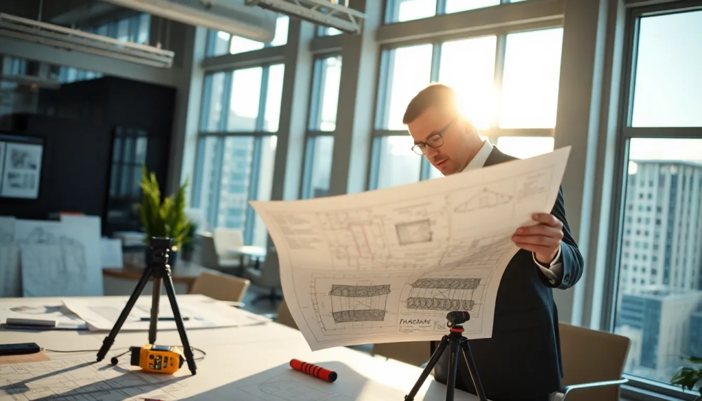 Un professionnel de l'immobilier analysant un plan d'exposition au bruit dans un bureau moderne, entouré de plans architecturaux et d'outils de mesure sonore.