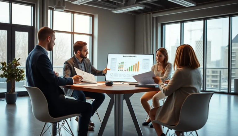 Une équipe de cinq professionnels dans un bureau moderne discutant d'un Plan pluriannuel de travaux, examinant des plans et des documents avec un graphique sur écran.