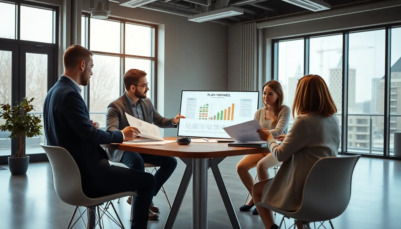 Une équipe de cinq professionnels dans un bureau moderne discutant d'un Plan pluriannuel de travaux, examinant des plans et des documents avec un graphique sur écran.