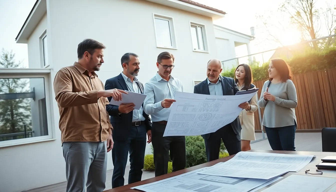 Cinq professionnels en train d'inspecter un bâtiment résidentiel pour l'audit énergétique, avec des plans et rapports sur la table.