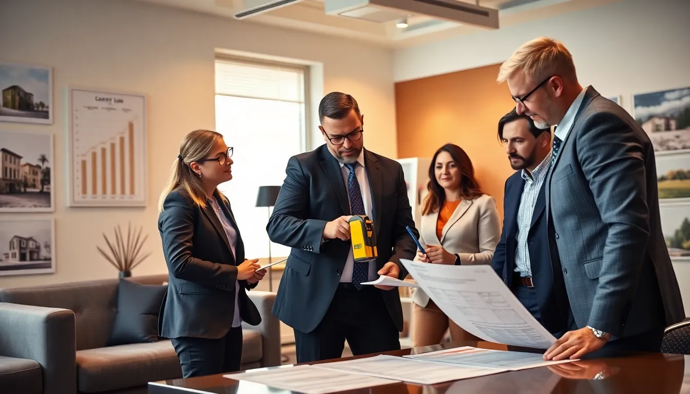 Une équipe de professionnels discutant de la loi Carrez dans un bureau moderne, avec des experts mesurant un espace de vie et prenant des notes sur les documents relatifs aux mesures immobilières.
