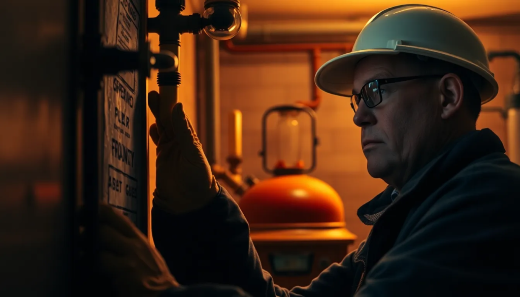 Un inspecteur gaz certifié examinant attentivement une installation de gaz ancienne dans un immeuble résidentiel pour garantir la sécurité des occupants.