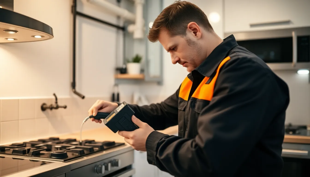 Un inspecteur gaz vérifiant la tuyauterie et les raccordements dans une cuisine résidentielle, illustrant le diagnostic de sécurité gaz.