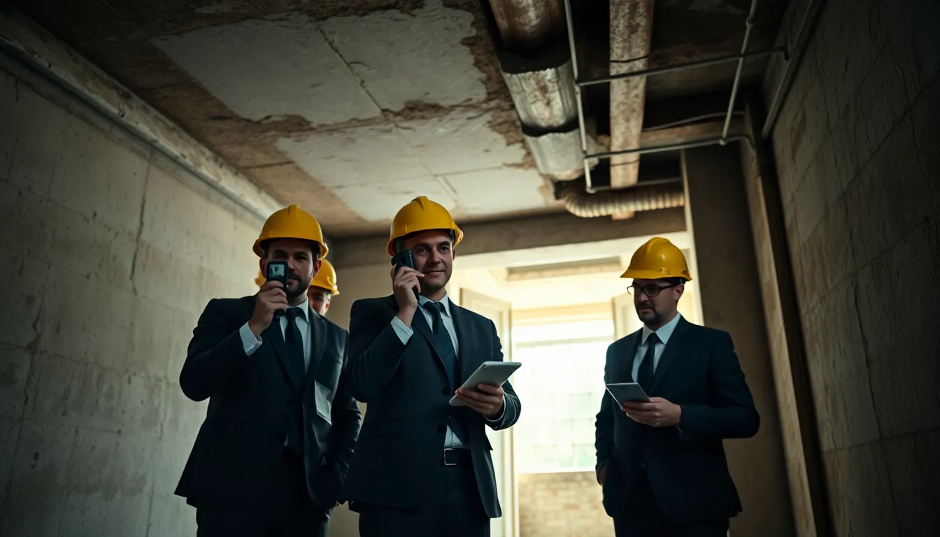 Cinq professionnels en tenue d'inspection effectuant un diagnostic d'amiante dans un bâtiment ancien, utilisant des outils et examinant les ceilings et les murs.