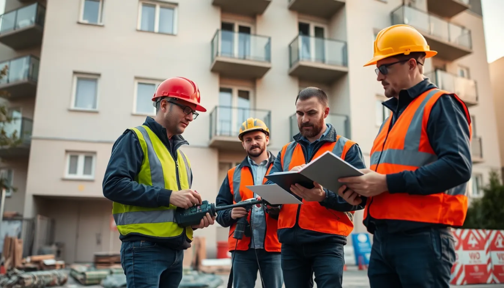 Inspection d'un bâtiment résidentiel par une équipe de professionnels du diagnostic de performance énergétique, prenant des mesures avec des outils spécialisés devant un appartement moderne.