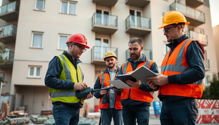Inspection d'un bâtiment résidentiel par une équipe de professionnels du diagnostic de performance énergétique, prenant des mesures avec des outils spécialisés devant un appartement moderne.