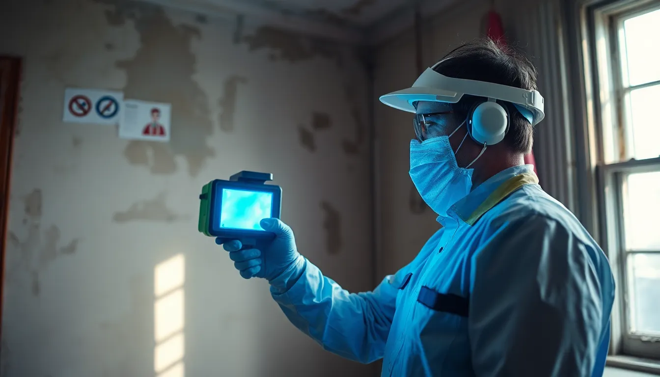 Un inspecteur certifié utilisant un appareil de fluorescence X pour détecter le plomb dans la peinture vieillissante d'un bâtiment résidentiel ancien.