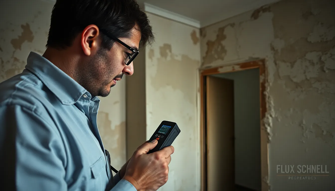 Un diagnostiqueur immobilier certifié inspectant un appartement ancien pour déceler la présence de plomb dans les peintures, équipé d'un analyseur portatif XRF.