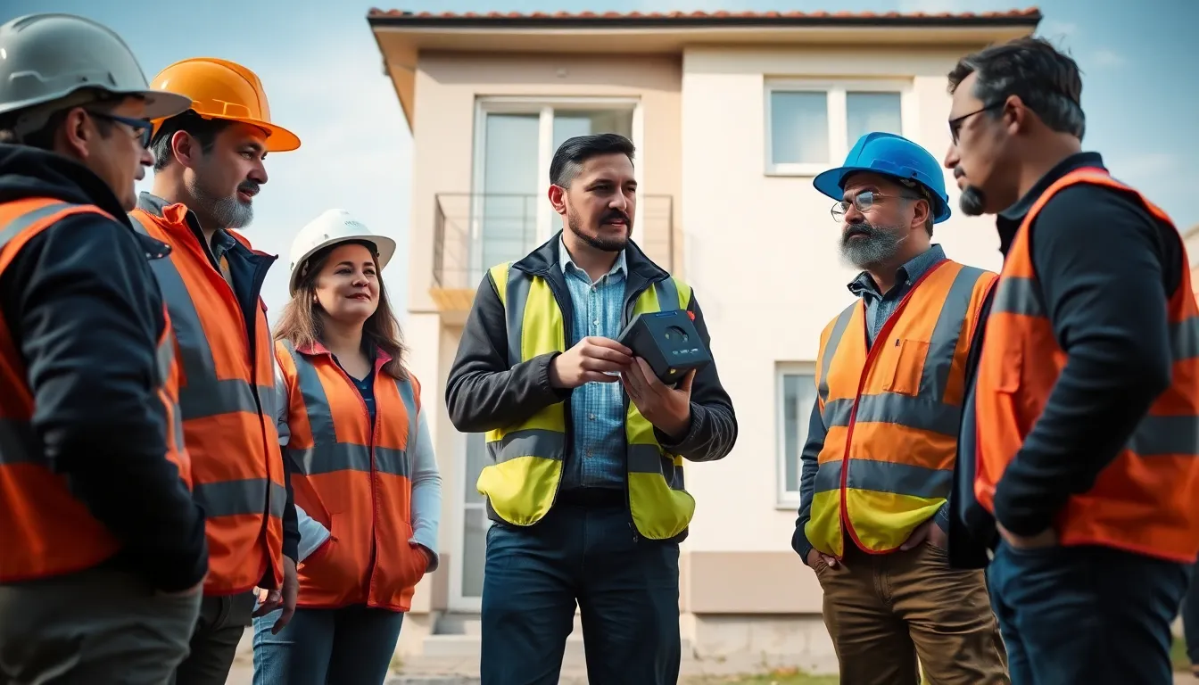 Cinq professionnels en équipement de sécurité inspectant un bâtiment résidentiel pour un diagnostic de plomb, avec un outil de détection en main.