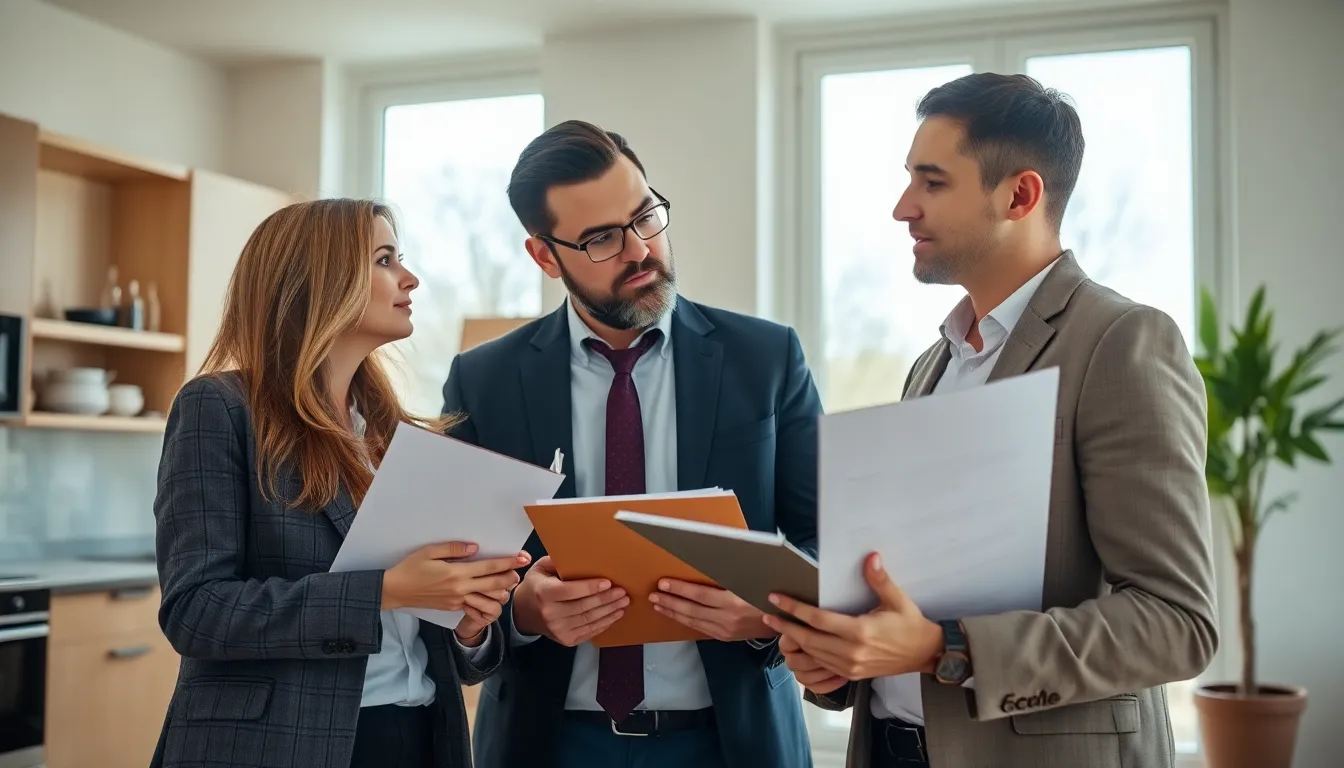 Deux professionnels de l'immobilier inspectant une propriété résidentielle pour le diagnostic ERP, avec une ambiance lumineuse et professionnelle.