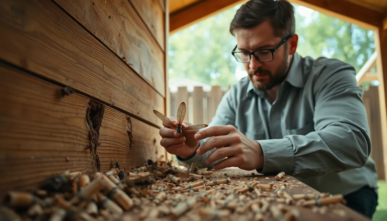 Un professionnel inspectant une structure en bois résidentielle avec des signes d'infestation de termites, mettant en avant des tubes de boue et du bois endommagé.