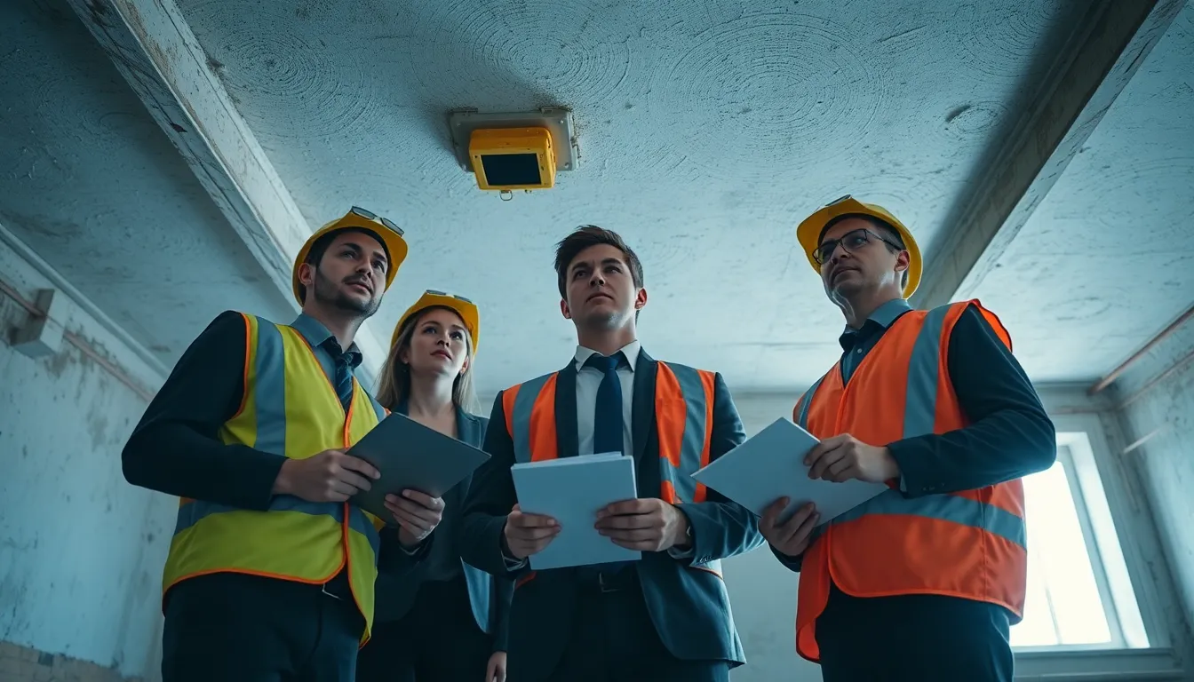 Trois professionnels en tenue de sécurité inspectant un plafond dans un bâtiment ancien à la recherche de la présence d'amiante, reflétant l'expertise d'ODI-DIAGNOSTICS.