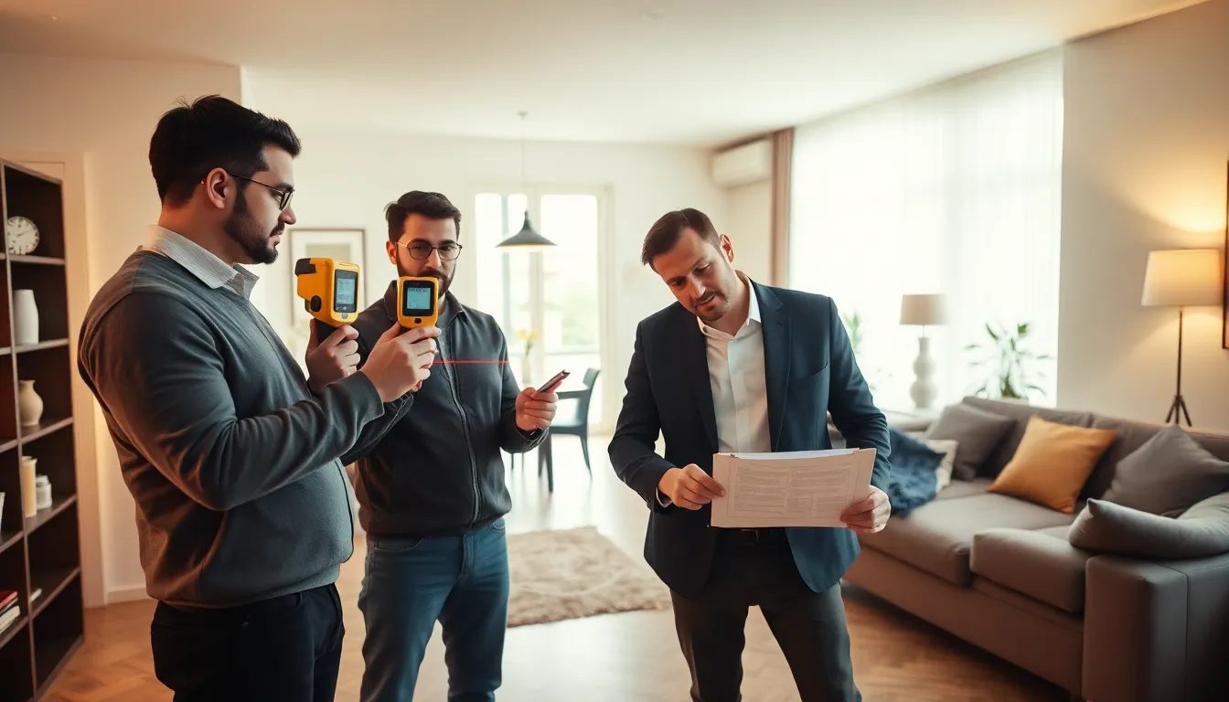 Équipe de professionnels mesurant l'espace d'un appartement selon la Loi Carrez, avec un mètre laser et un clipboard dans un environnement moderne.