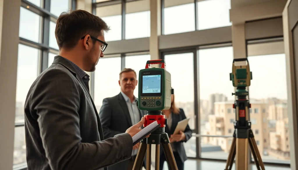 Équipe de professionnels mesurant la surface d'un appartement en utilisant des outils laser, illustrant le mesurage de la loi Carrez pour une transaction immobilière.