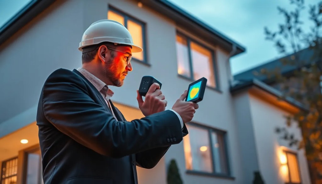 Un auditeur énergétique inspectant un bâtiment résidentiel avec une caméra thermique pour identifier les déperditions de chaleur, mettant en avant l'importance de l'audit énergétique et de l'efficacité énergétique.