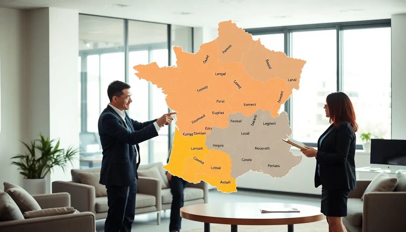 Carte détaillée des zones infestées par les termites en France, analysée par des professionnels dans un bureau moderne.