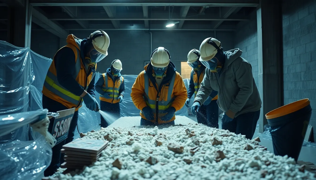 Professionnels sur un chantier de rénovation manipulant des matériaux contenant de l'amiante, vêtus d'équipements de protection et travaillant dans une zone scellée.