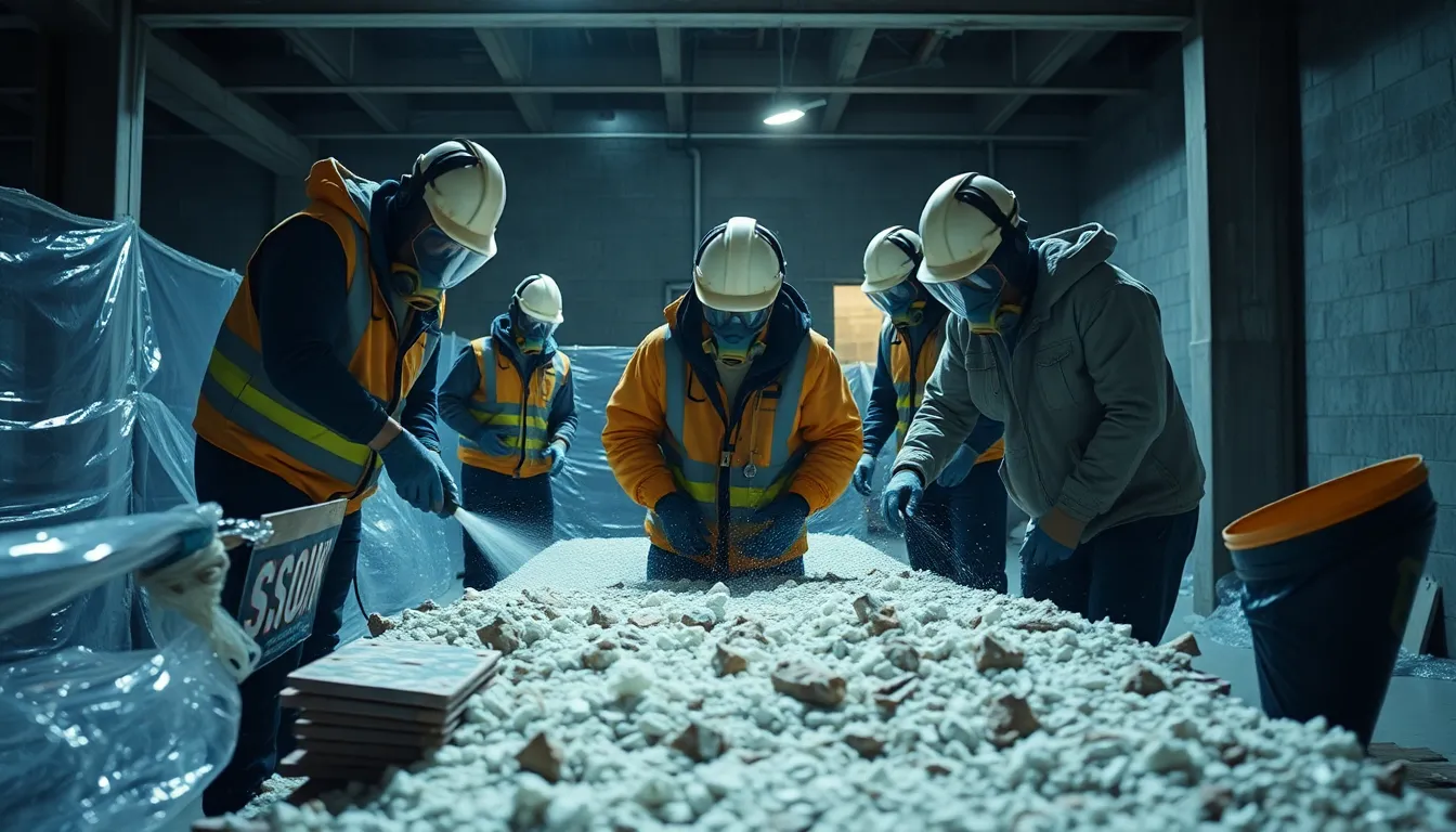 Professionnels sur un chantier de rénovation manipulant des matériaux contenant de l'amiante, vêtus d'équipements de protection et travaillant dans une zone scellée.