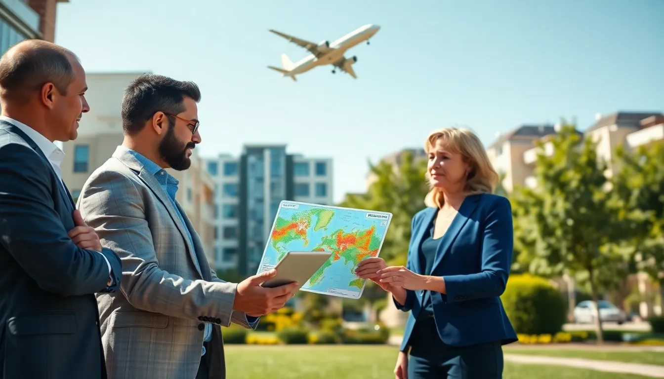 Un professionnel de l'immobilier montrant une carte de bruit à deux acheteurs potentiels, illustrant l'impact des nuisances sonores aériennes sur la valeur des biens immobiliers.