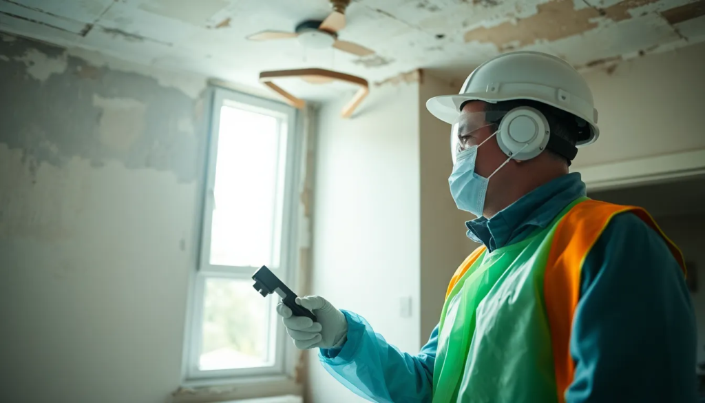 Un professionnel certifié inspectant un bâtiment résidentiel pour la présence d'amiante, portant des équipements de protection et utilisant des outils spécialisés.