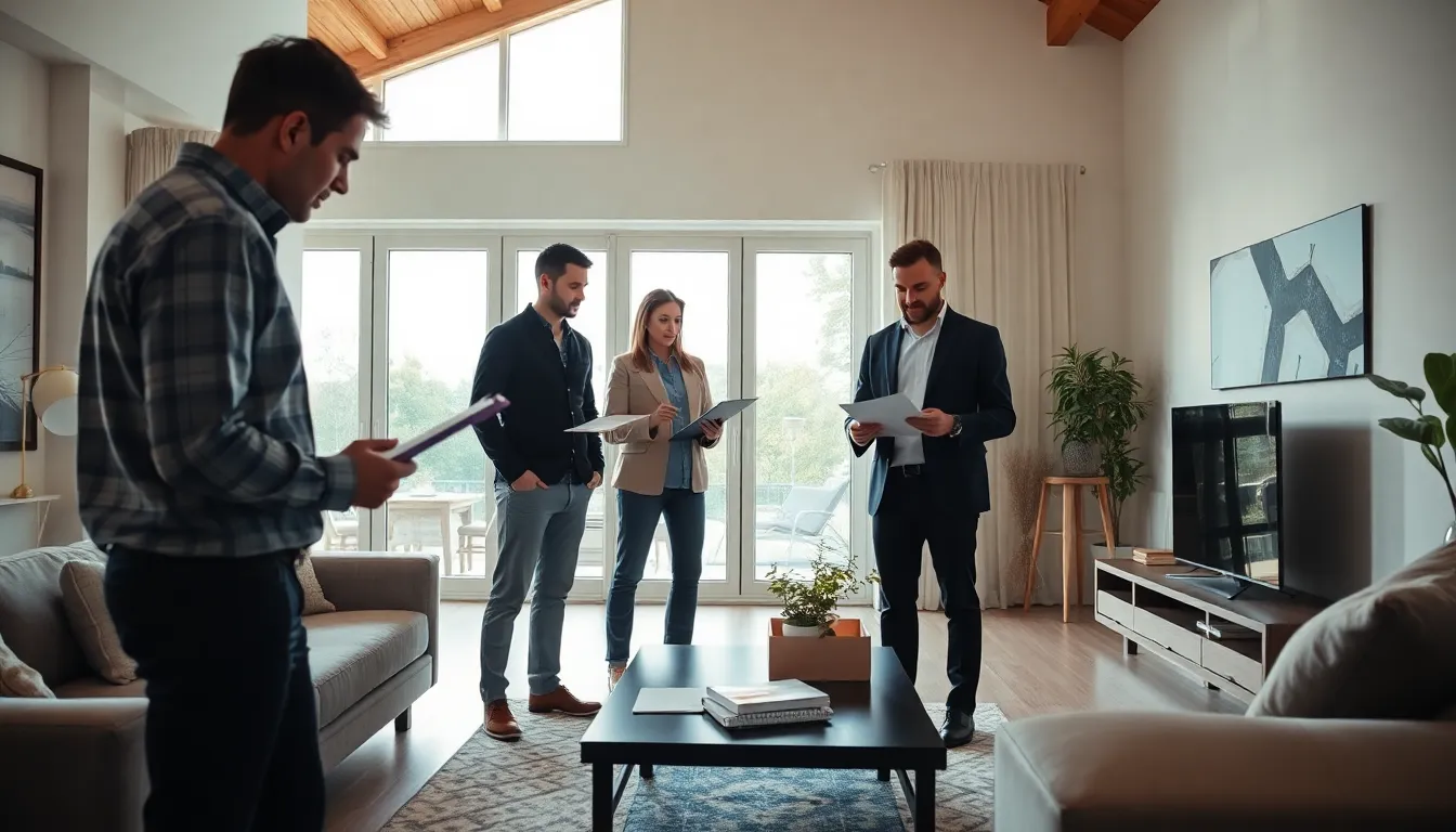 Une équipe de cinq professionnels effectuant un inventaire dans un salon lumineux, vérifiant les murs et prenant des notes avec un matériel de mesure.