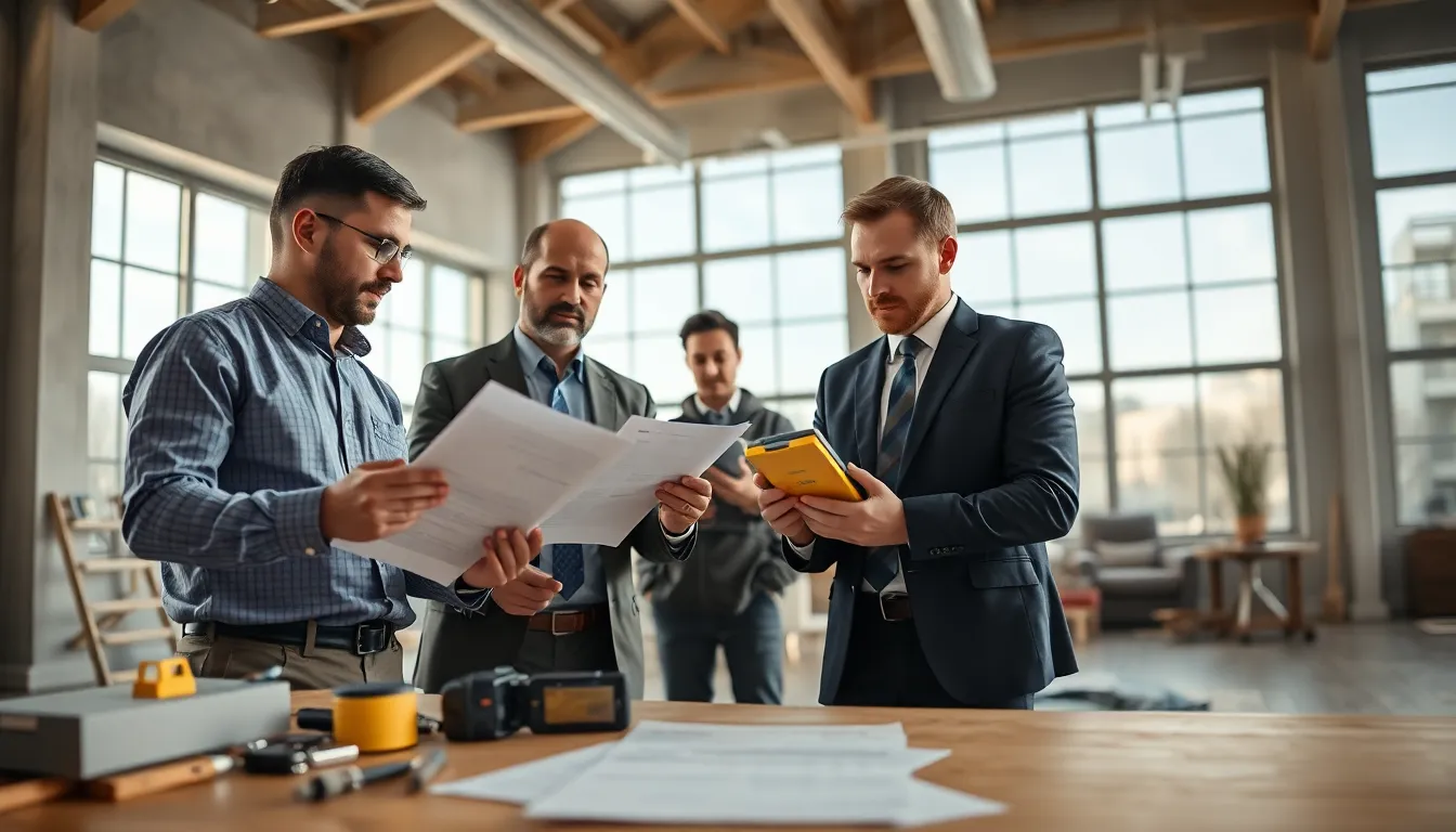 Professionnels réalisant un diagnostic de performance énergétique dans un immeuble résidentiel, avec des outils de mesurage et des rapports d'inspection.