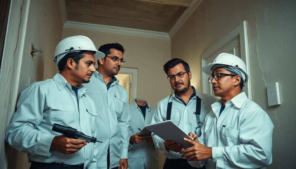 Quatre professionnels inspectant une maison résidentielle pour détecter la présence d'amiante, utilisant des outils modernes et portant des équipements de sécurité.