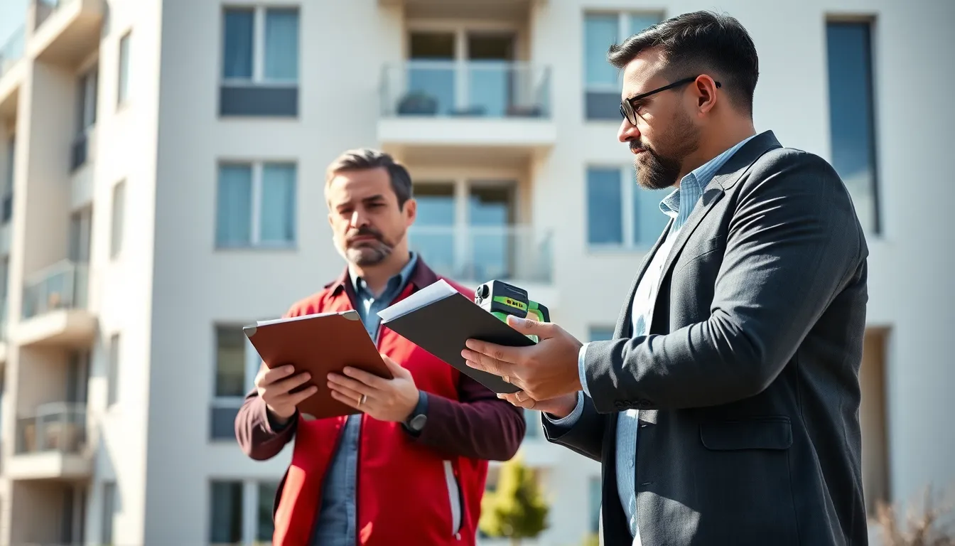Équipe d'inspection professionnelle mesurant la surface d'un immeuble résidentiel conformément à la loi Carrez, avec des outils de mesure laser.