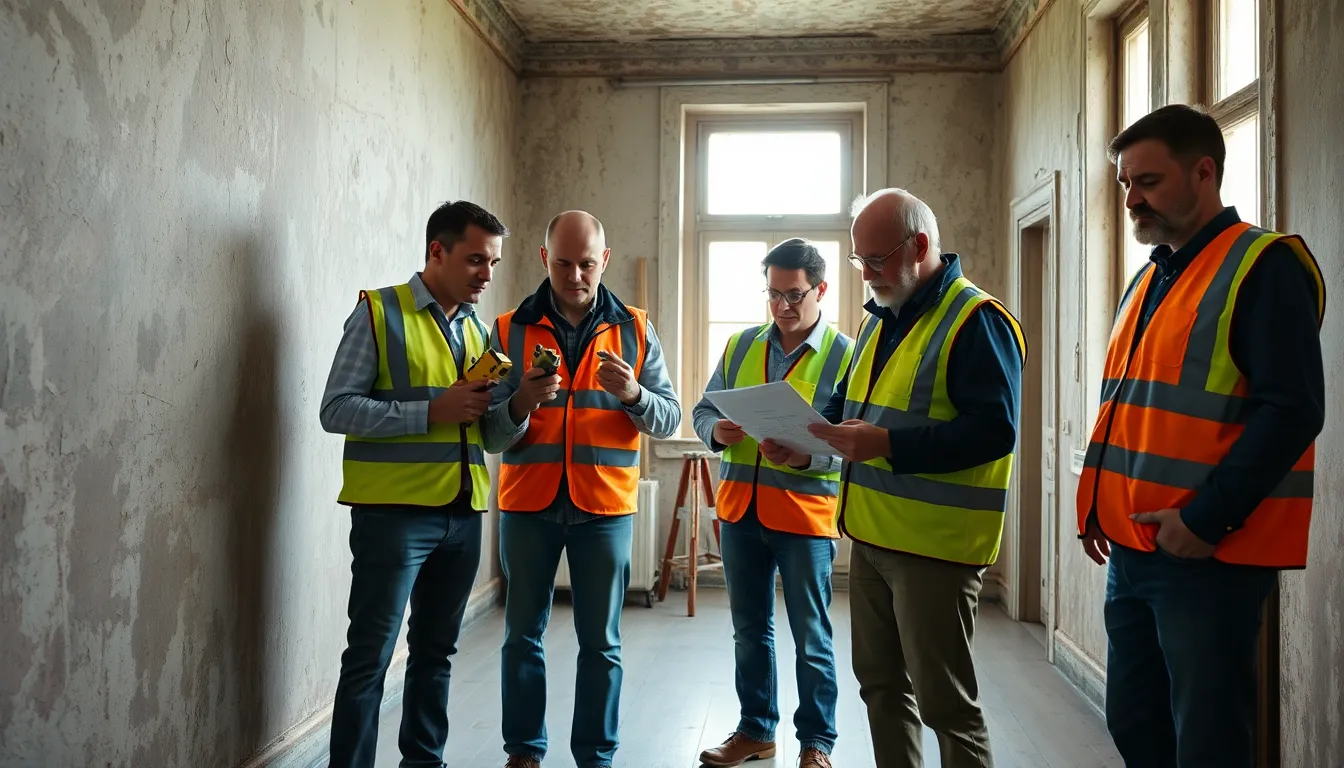Équipe de cinq inspecteurs vérifiant un vieux bâtiment résidentiel pour détection de plomb, utilisant des équipements spécialisés et prenant des notes.