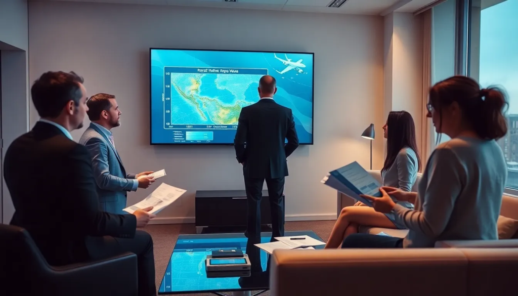 Cinq professionnels de l'immobilier dans une salle de réunion moderne discutant de l'impact du bruit aérien sur la valeur des biens immobiliers avec des cartes de niveau sonore à l'écran.