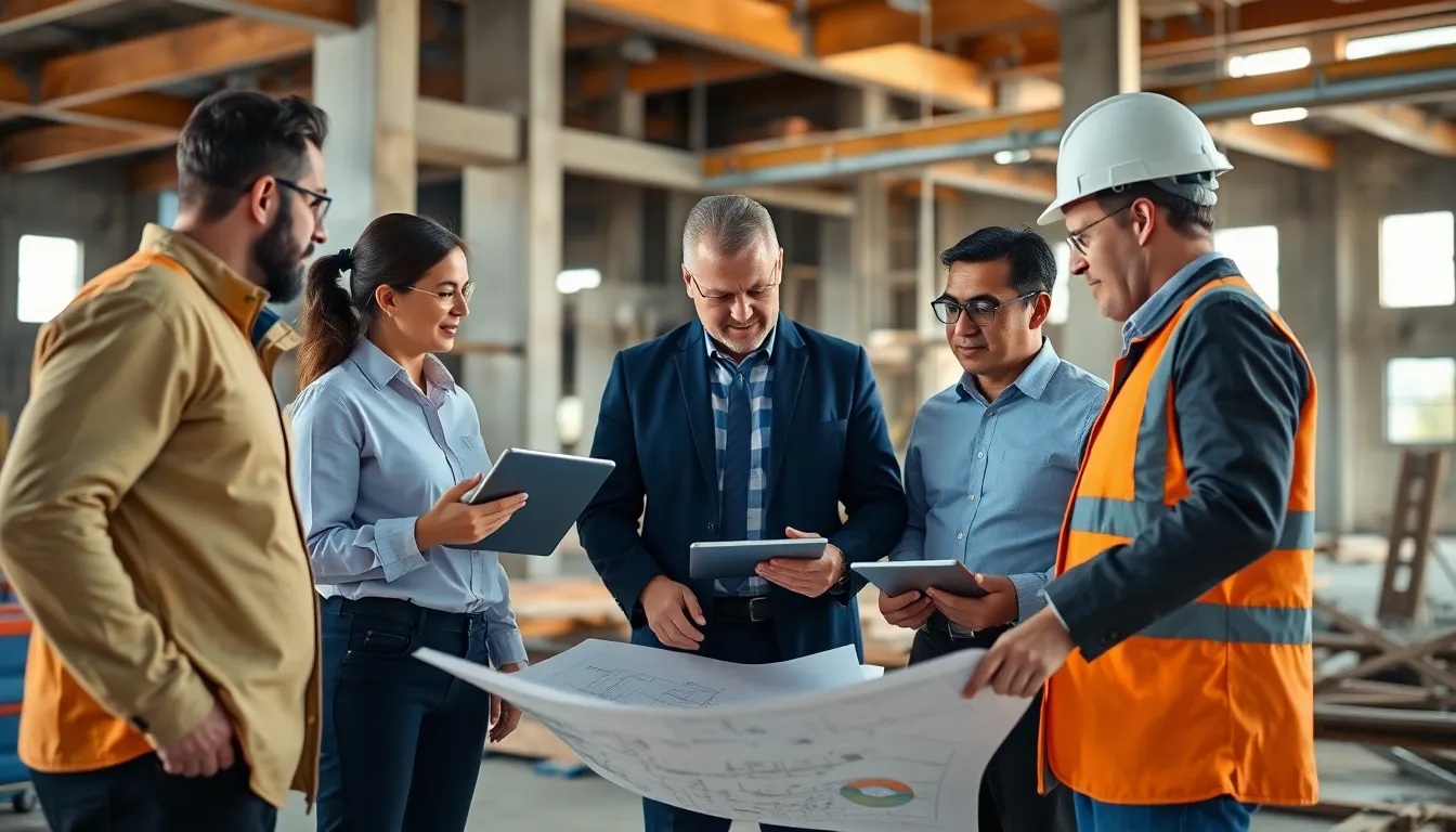 Cinq professionnels au chantier discutant du Plan Pluriannuel de Travaux (PPT) pour une rénovation énergétique en copropriété, avec des plans et des tablettes.