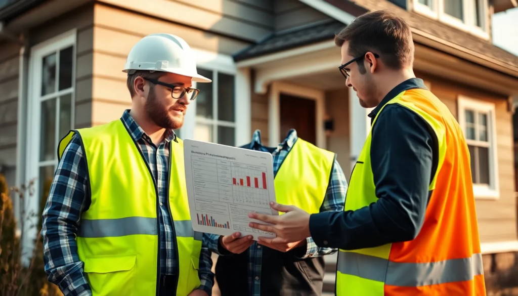 Deux professionnels inspectant un audit énergétique sur site devant un bâtiment résidentiel, examinant un rapport sur une tablette.