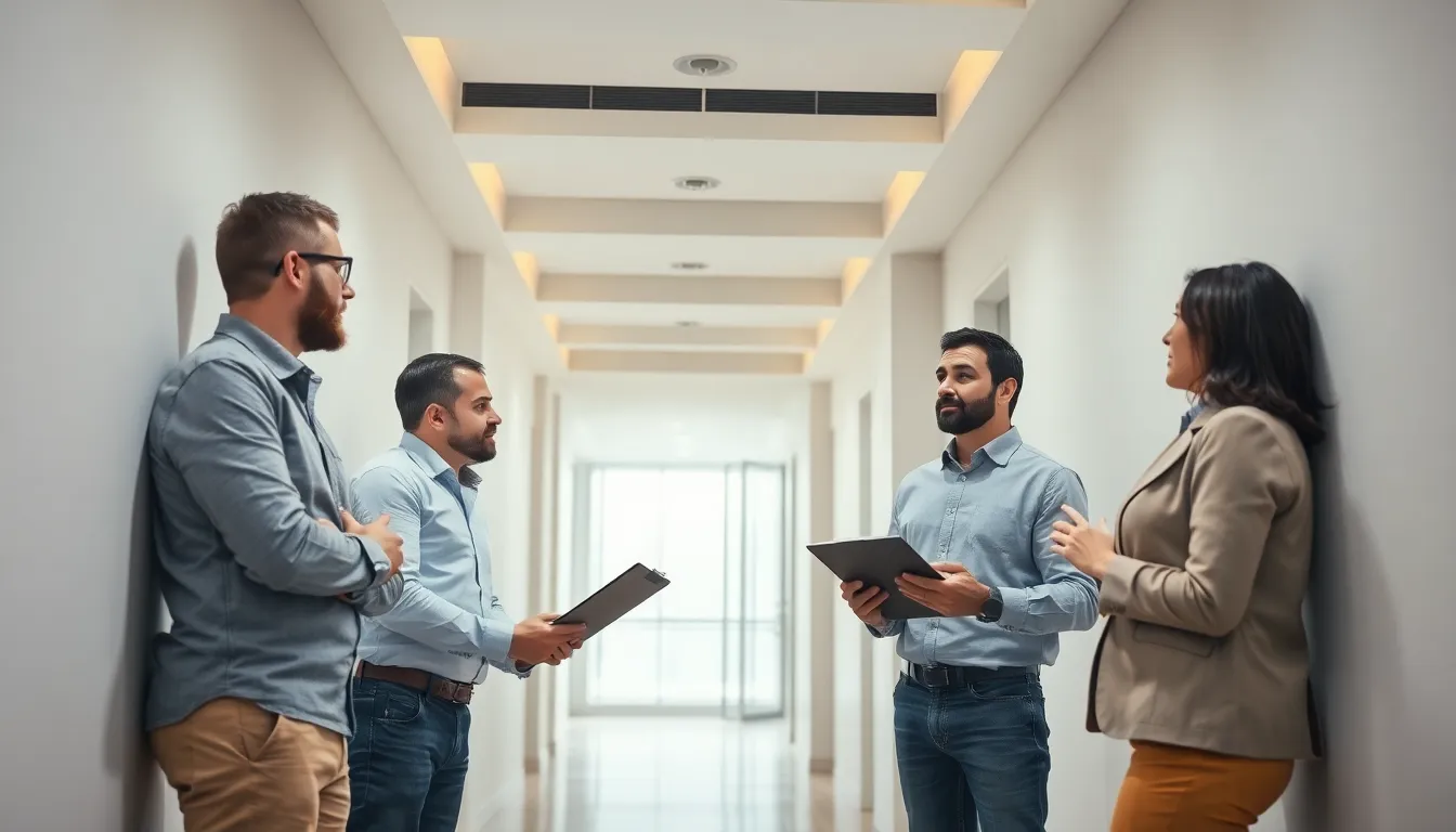 Quatre professionnels effectuant une inspection minutieuse dans un couloir d'immeuble en copropriété, utilisant un clipboard et une tablette pour noter les observations sur l'état des murs.