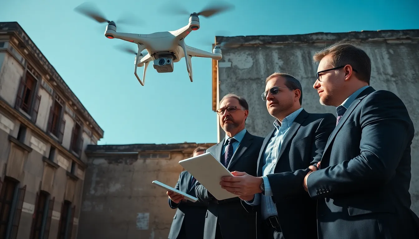 Une équipe de professionnels inspectant un bâtiment avec un drone et une tablette, illustrant l'utilisation des technologies avancées dans la détection de l'amiante.