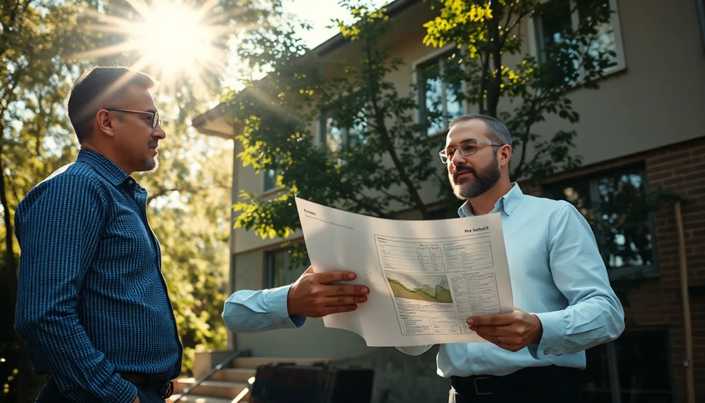 Deux ingénieurs professionnels inspectant un bâtiment résidentiel pour un diagnostic de performance énergétique, avec un rapport DPE en main, dans une ambiance lumineuse.