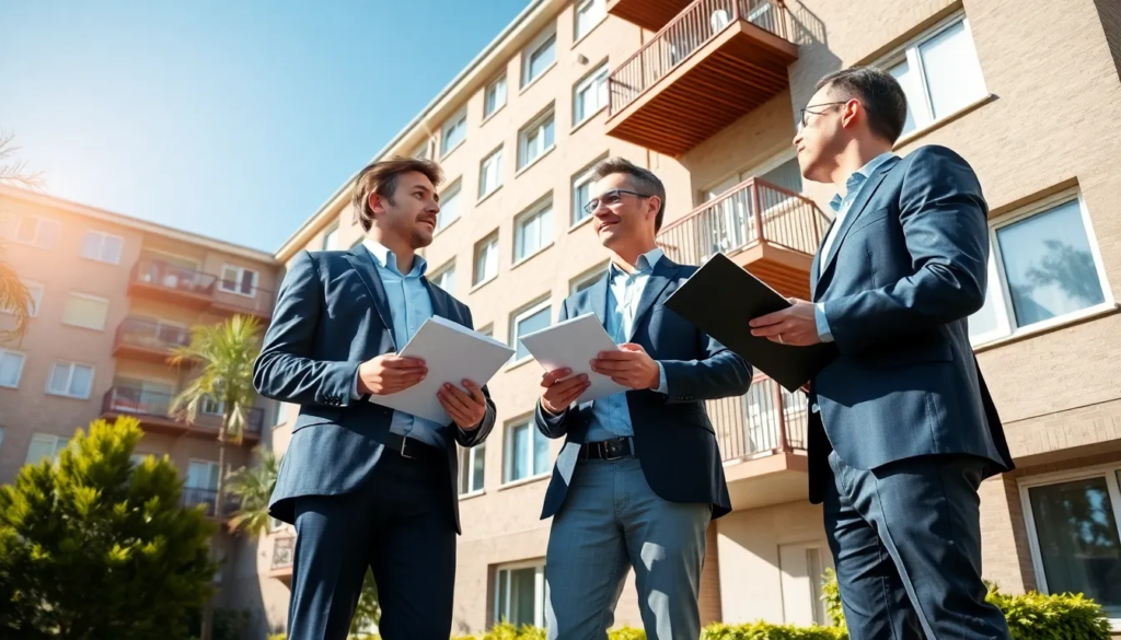 Trois ingénieurs en réunion devant un immeuble résidentiel, inspectant la façade et prenant des notes sur un diagnostic technique global (DTG).
