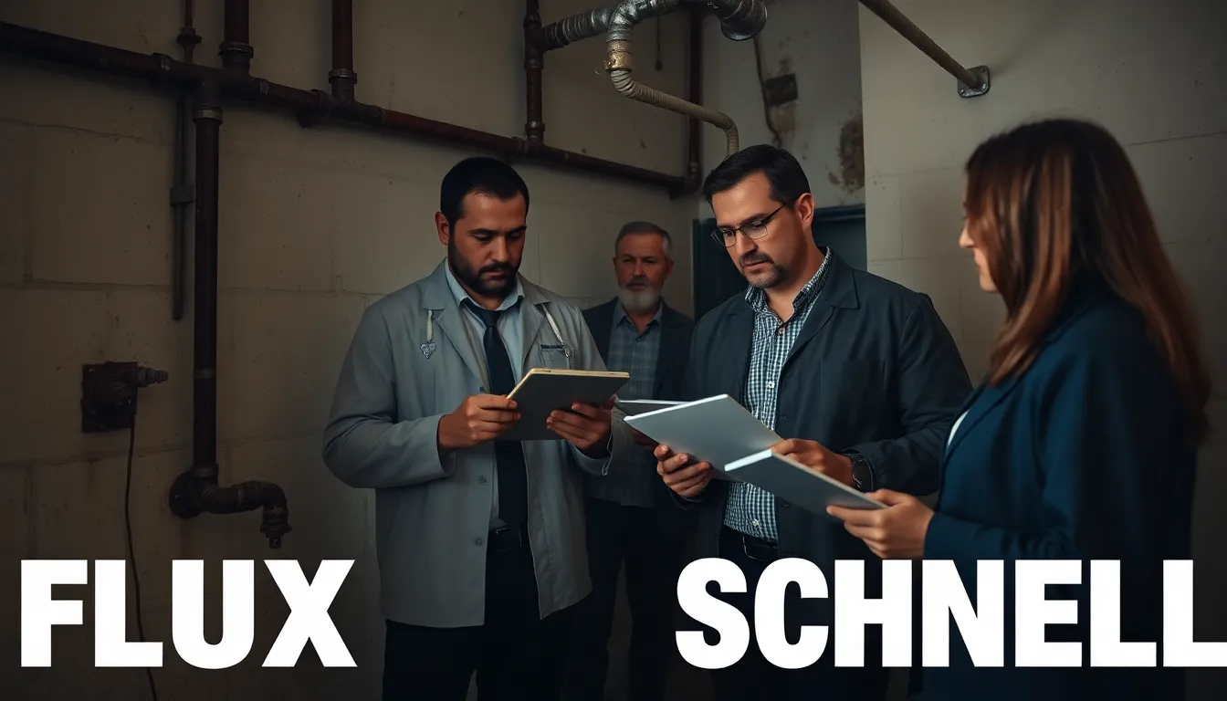 Équipe de professionnels inspectant la qualité de l'eau dans un vieux bâtiment résidentiel, vérifiant les canalisations et utilisant un kit de test.