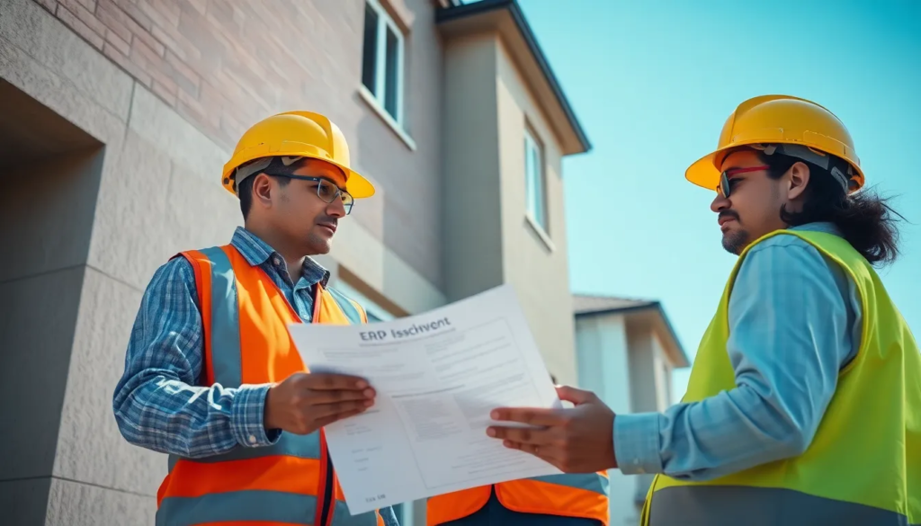 Équipe d'inspection professionnelle examinant l'extérieur d'un immeuble résidentiel avec un rapport ERP, en mettant en avant l'attention portée aux risques et pollutions.