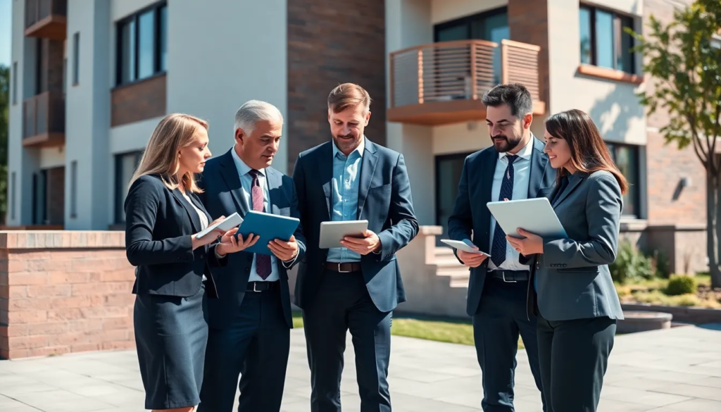 Cinq professionnels en tenue de travail inspectant un immeuble résidentiel pour un état des lieux numérique, utilisant des tablettes pour enregistrer des données.