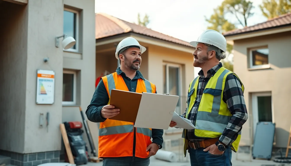 Deux professionnels sur un chantier inspectant un bâtiment résidentiel pour des rénovations énergétiques, avec un label de performance énergétique visible.