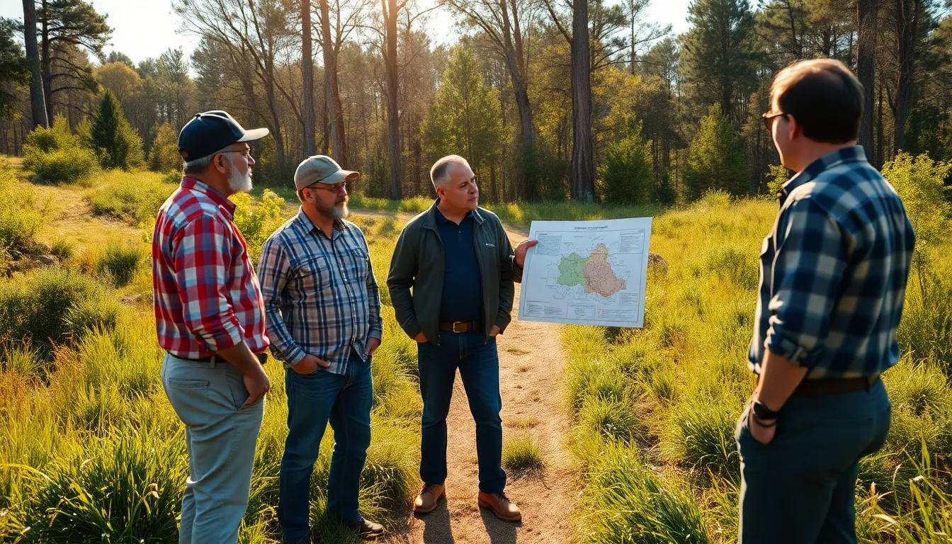 Équipe de professionnels en extérieur réalisant une inspection de propriété pour la prévention des risques d'incendie, discutant des obligations légales de débroussaillement avec une carte des zones critiques.