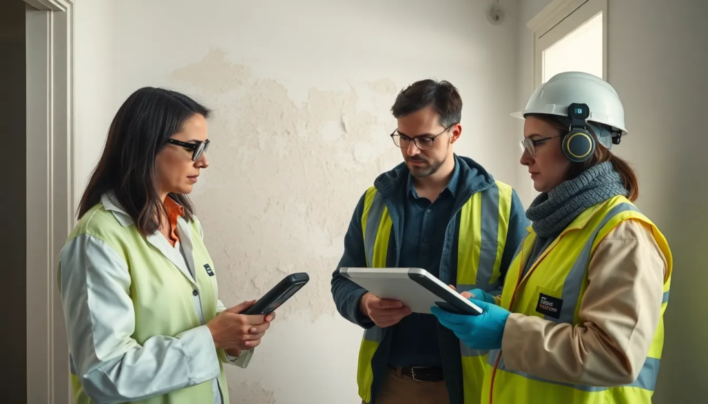 Équipe d'inspecteurs professionnels examinant un bâtiment résidentiel pour détecter l'exposition au plomb, avec un mur à peinture écaillée, représentant un risque de saturnisme infantile.