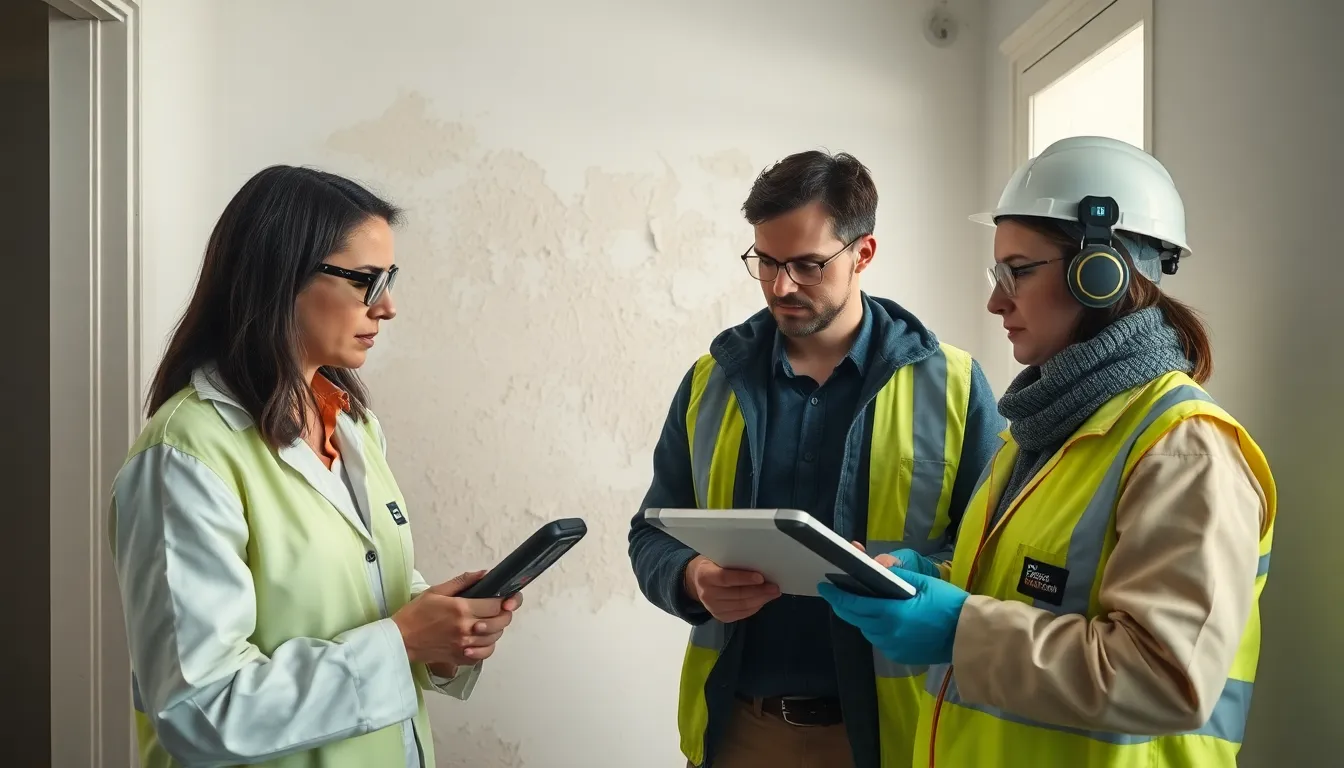 Équipe d'inspecteurs professionnels examinant un bâtiment résidentiel pour détecter l'exposition au plomb, avec un mur à peinture écaillée, représentant un risque de saturnisme infantile.