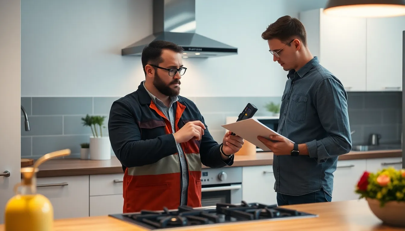 Professionnel certifié inspectant un appareil à gaz dans une cuisine moderne, vérifiant les connexions avec un détecteur de gaz, ambiance professionnelle et moderne.