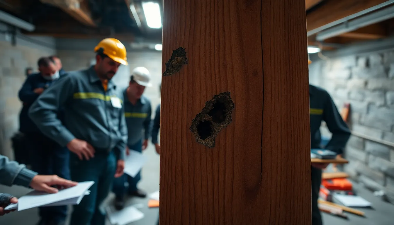 Gros plan sur une poutre en bois avec signes d'infestation de termites, inspection par des professionnels en tenue adaptée mettant en évidence des trous et des excréments de termites.
