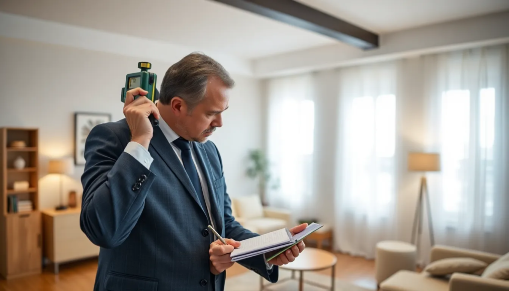 Inspecteur immobilier utilisant un outil de mesure laser dans un appartement en copropriété pour un mesurage loi Carrez, représentant le métier de diagnostic immobilier.