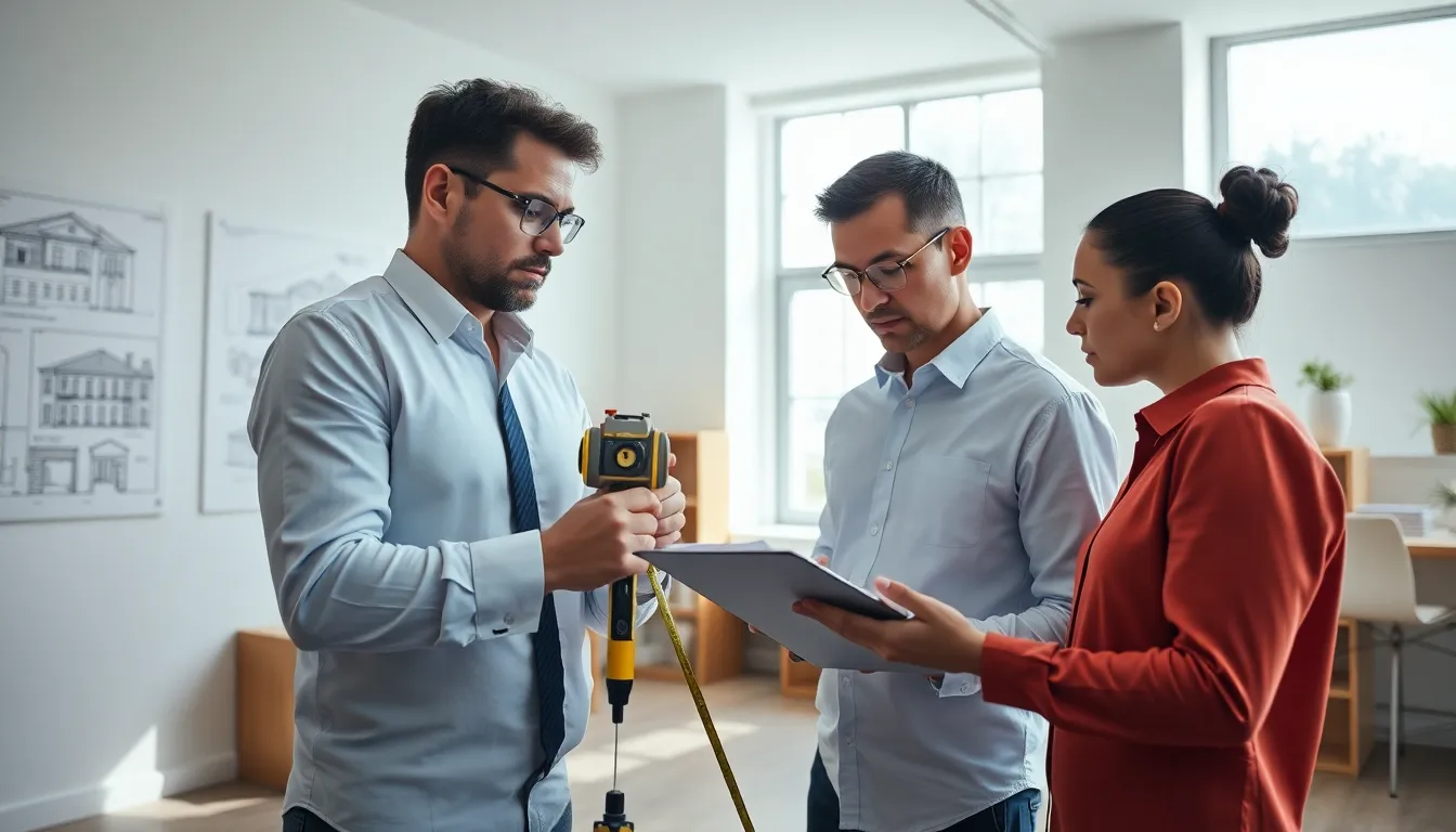 Deux professionnels effectuant une mesure précise d'un bien immobilier conformément à la loi Carrez dans un bureau lumineux et bien organisé.