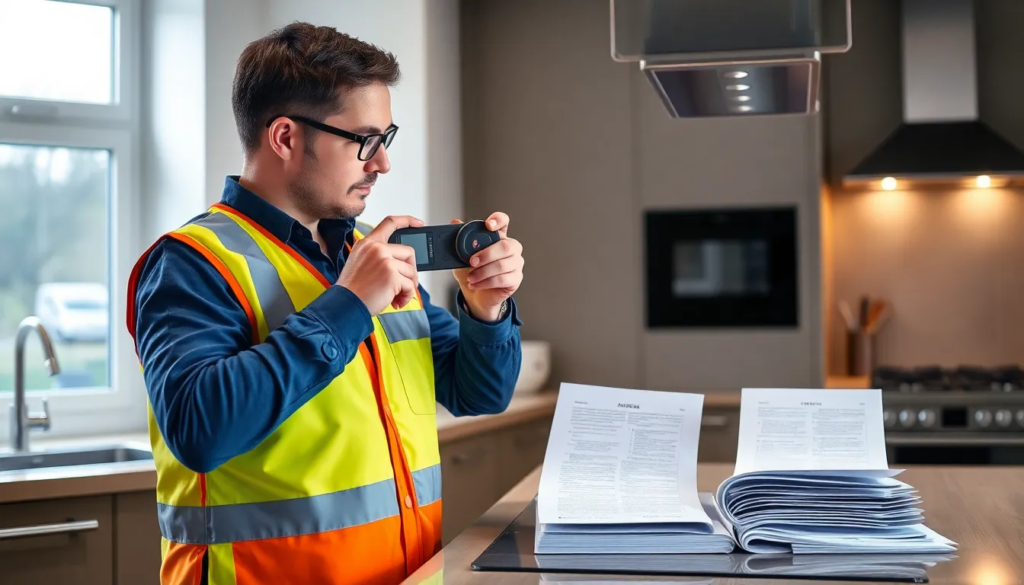 Un diagnosticien qualifié inspectant une installation de gaz dans une cuisine résidentielle moderne, examinant les connexions du gaz avec un appareil de mesure.