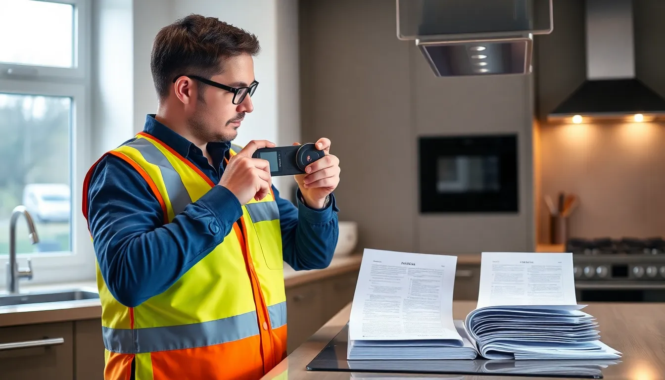 Un diagnosticien qualifié inspectant une installation de gaz dans une cuisine résidentielle moderne, examinant les connexions du gaz avec un appareil de mesure.