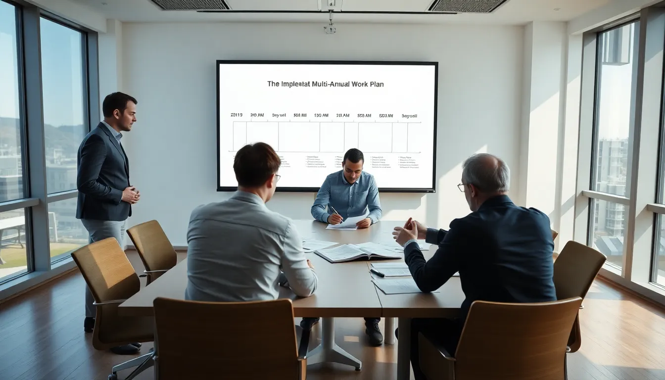 Réunion professionnelle avec cinq personnes discutant de la mise en œuvre d'un plan pluriannuel de travaux (PPT) dans une salle de conférence moderne.